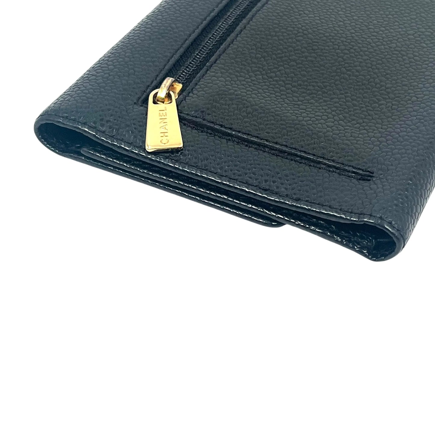 CHANEL Caviar Skin Coco Mark Tri-fold Compact Wallet - Black 