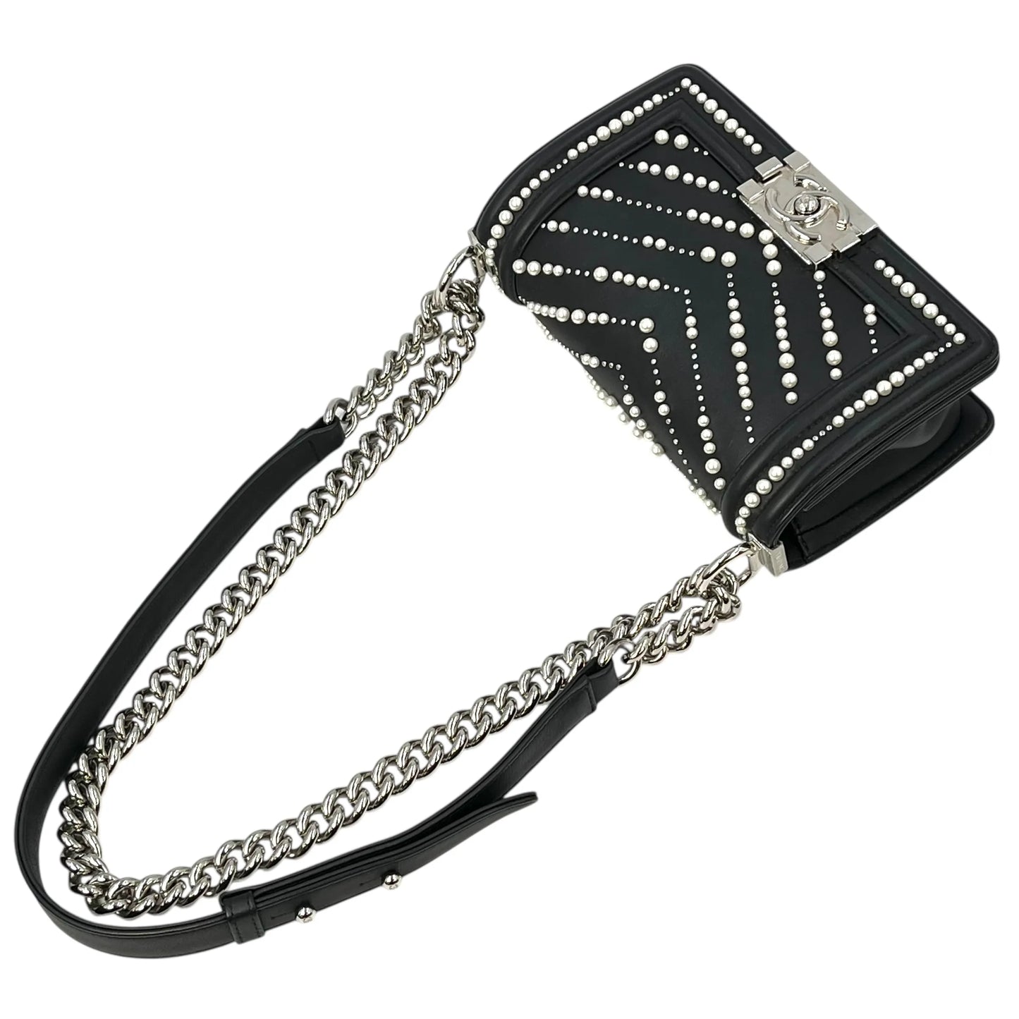 CHANEL Boy Chanel Pearl and Calfskin Chain Shoulder Bag - Black 