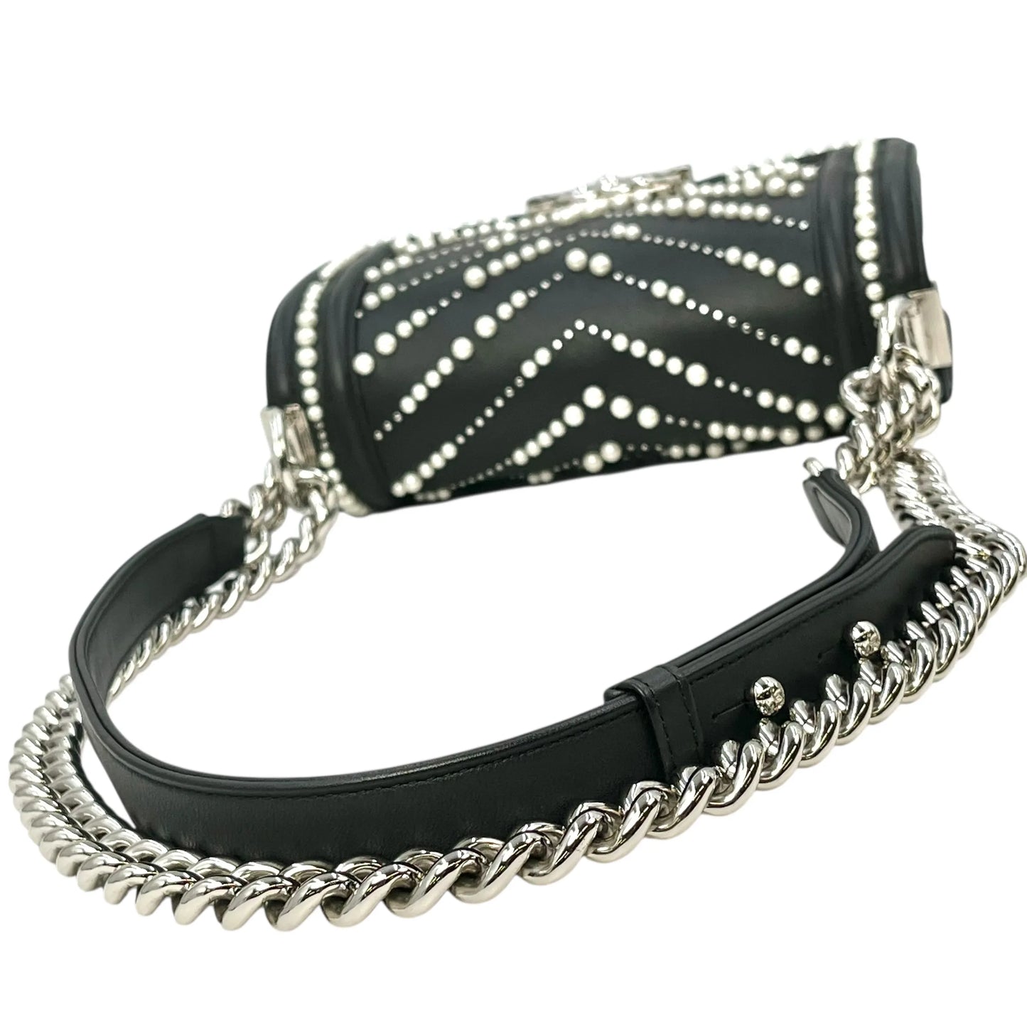 CHANEL Boy Chanel Pearl and Calfskin Chain Shoulder Bag - Black 