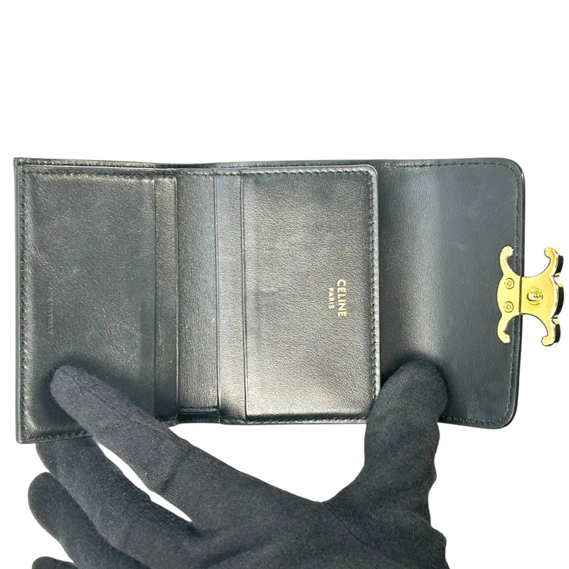 CELINE Vise Coin Triomphe Compact Wallet in Shiny Calfskin - Black 