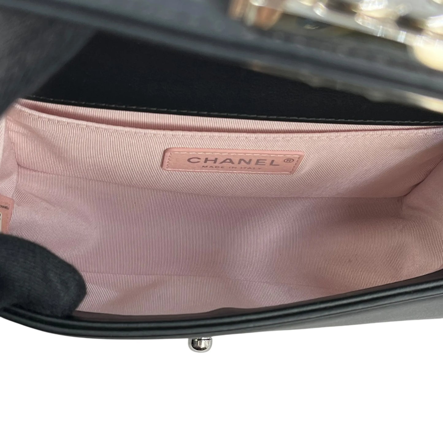 CHANEL Boy Chanel Pearl and Calfskin Chain Shoulder Bag - Black 