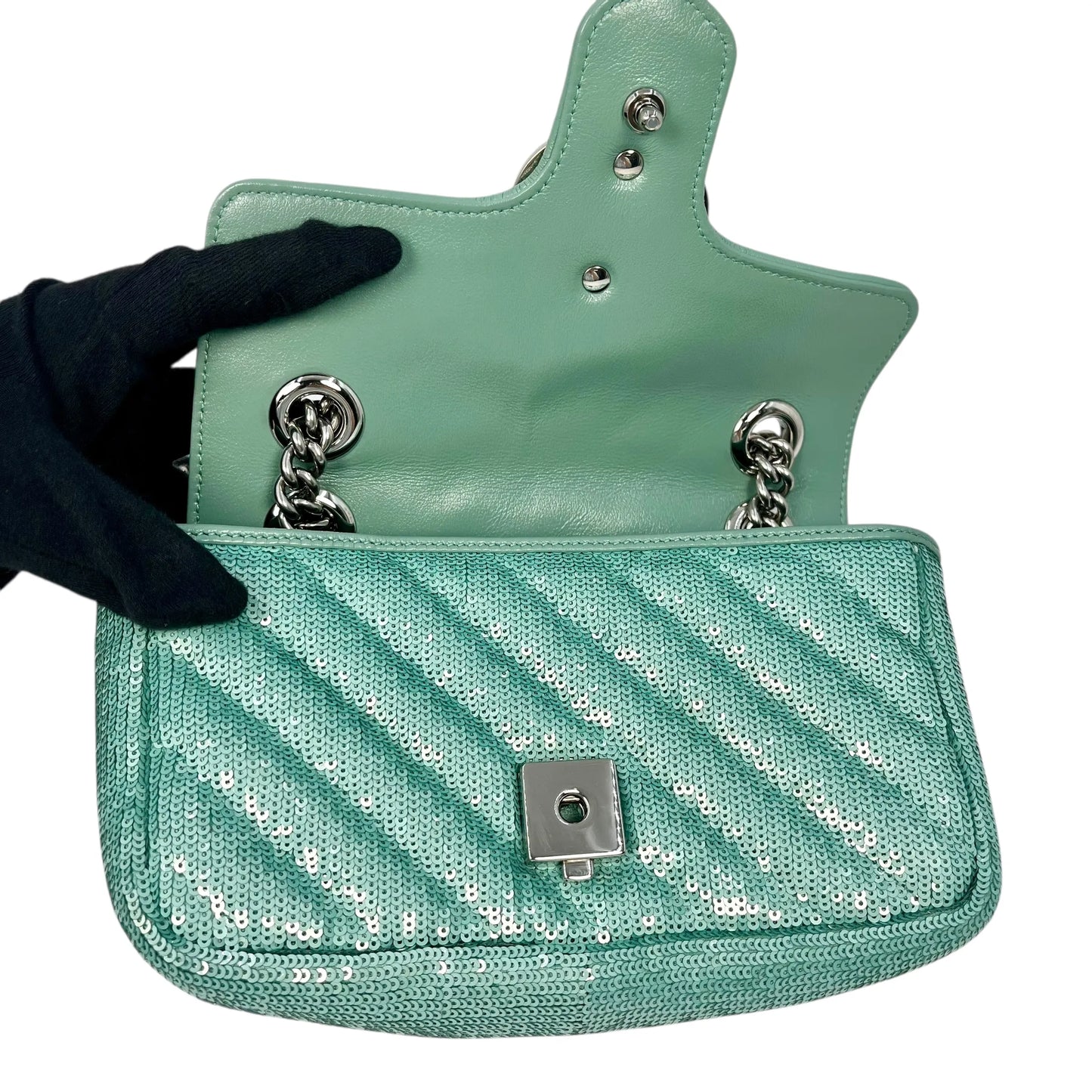 GUCCI GG Marmont Mini Sequin Shoulder Bag - Mint Green 