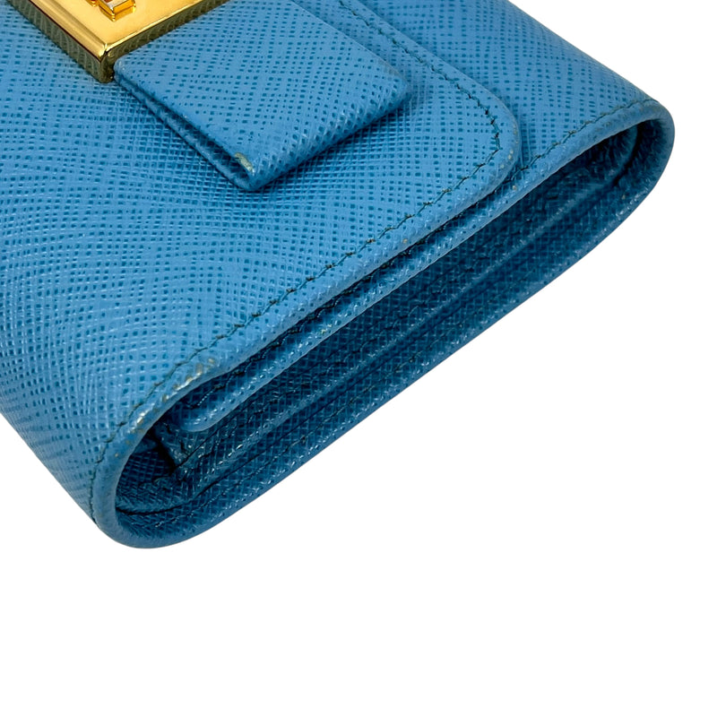 PRADA Saffiano Ribbon Tri-fold Compact Wallet - Blue 