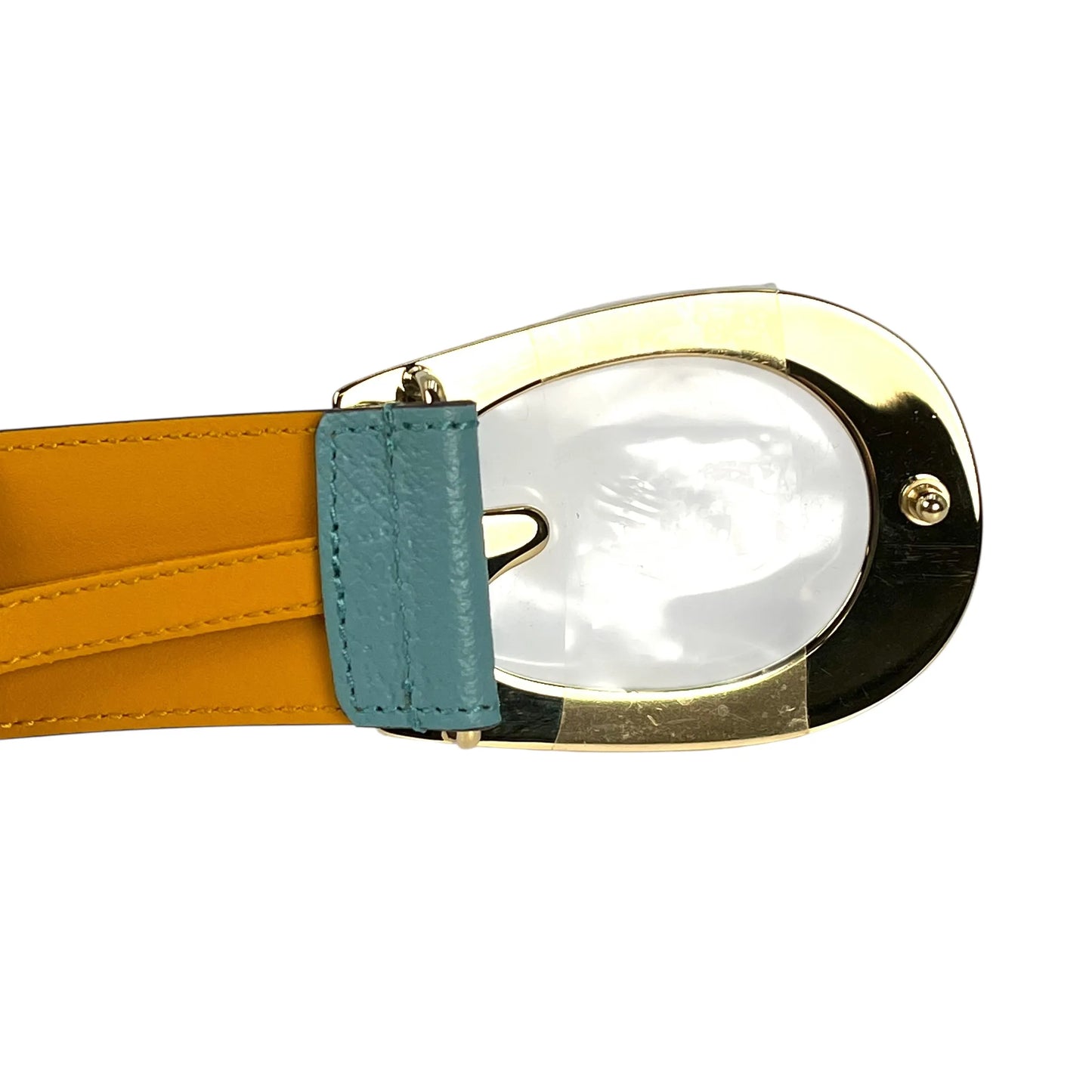 GUCCI Reversible Leather Belt with Memorable Buckle - Orange and Blue 