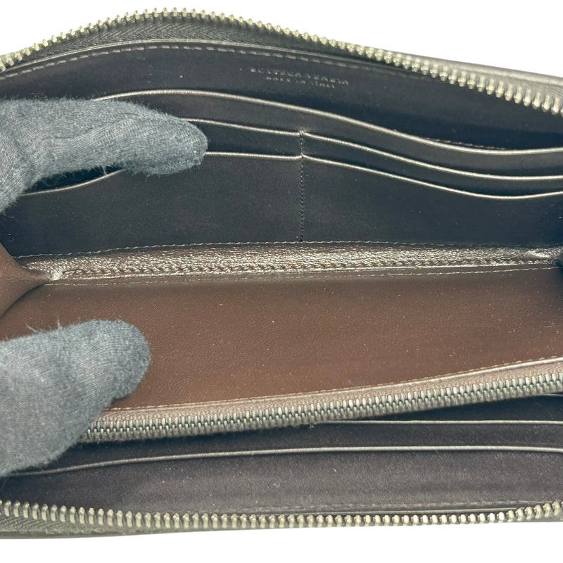 BOTTEGA VENETA Intrecciato Zip-Around Lambskin Long Wallet - Dark Brown 