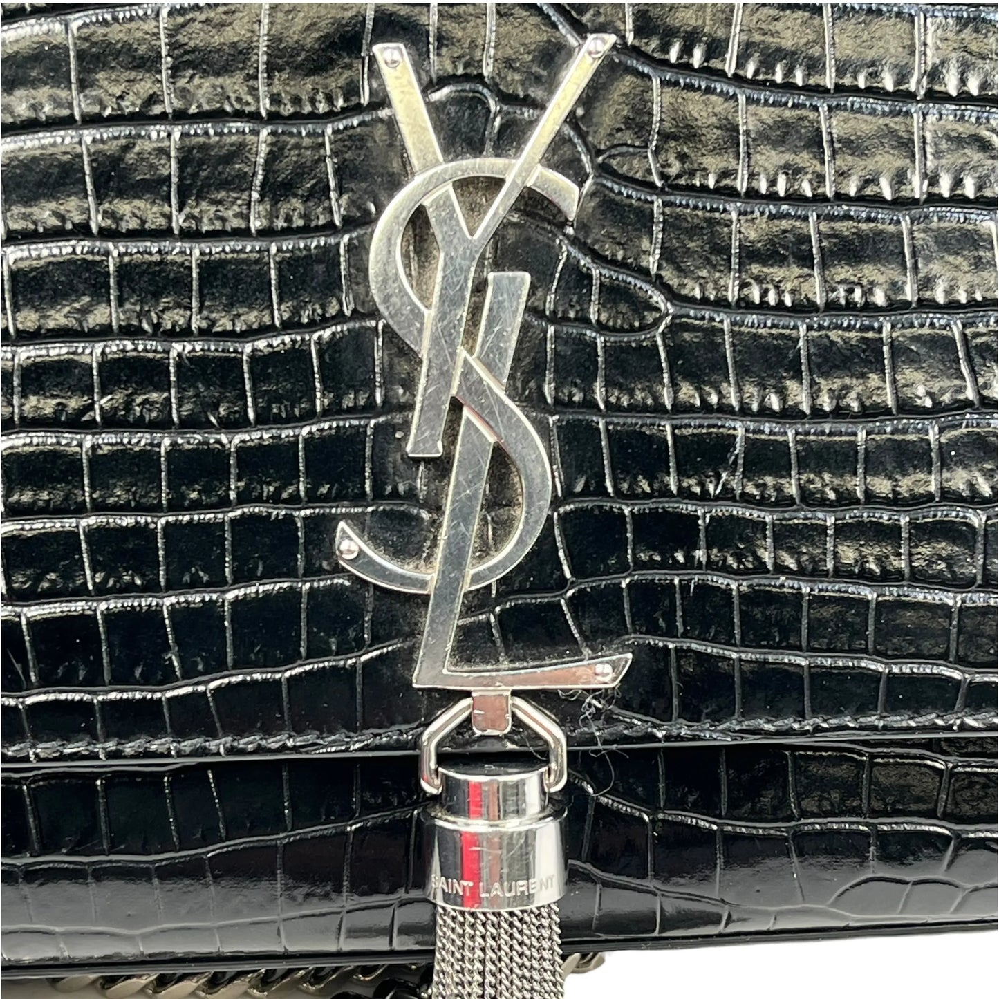 Saint Laurent ケイト タッセル ミディアム クロコダイルエンボスレザー チェーンショルダーバッグ - ブラック