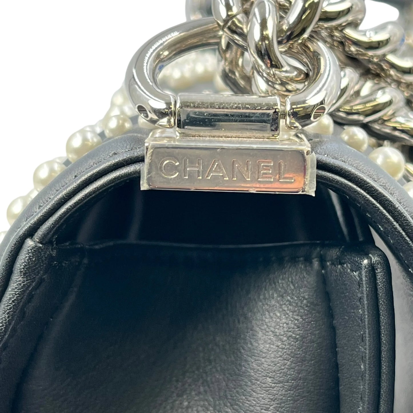 CHANEL Boy Chanel Pearl and Calfskin Chain Shoulder Bag - Black 