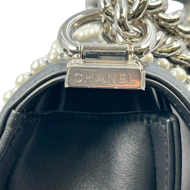 CHANEL Boy Chanel Pearl and Calfskin Chain Shoulder Bag - Black 