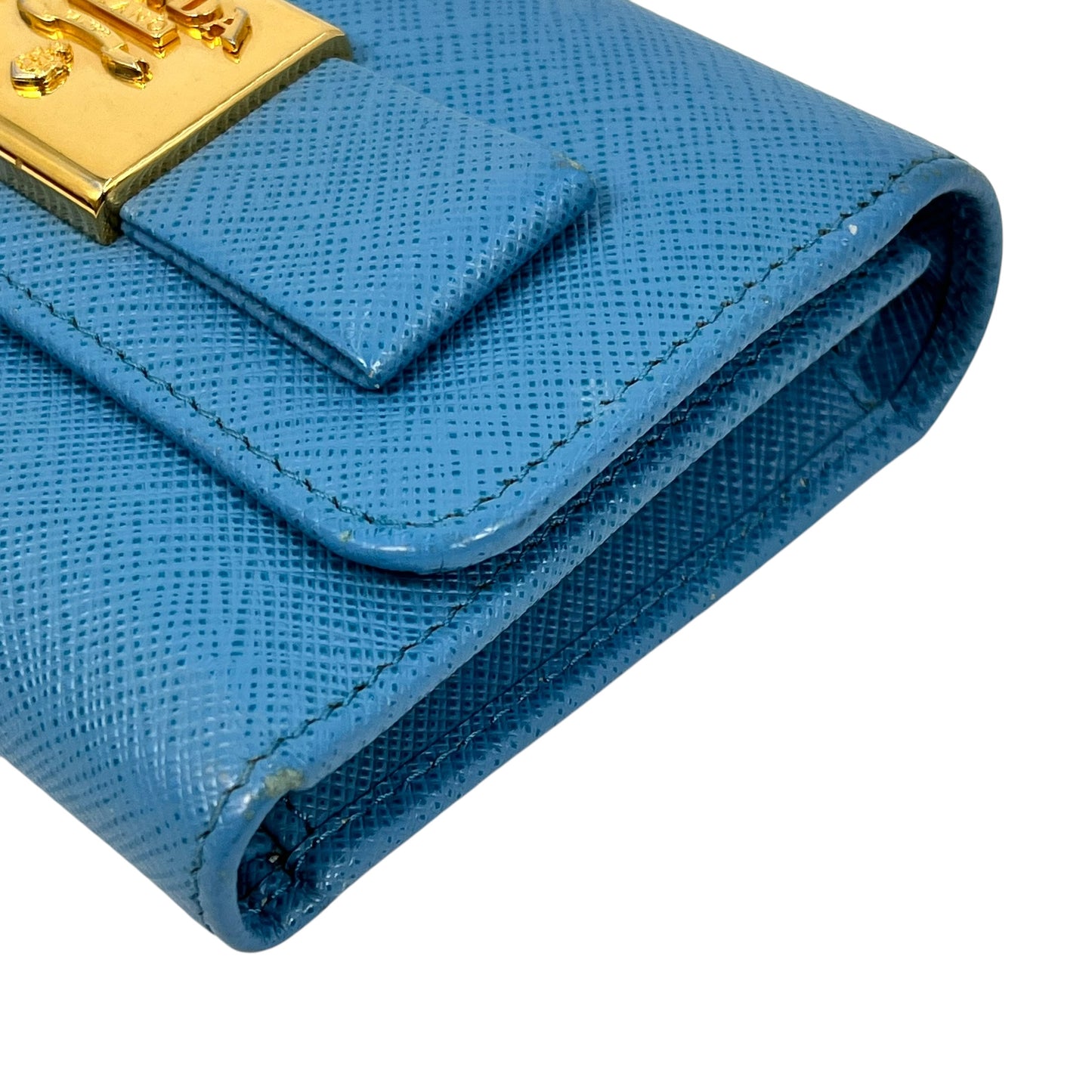PRADA Saffiano Ribbon Tri-fold Compact Wallet - Blue 