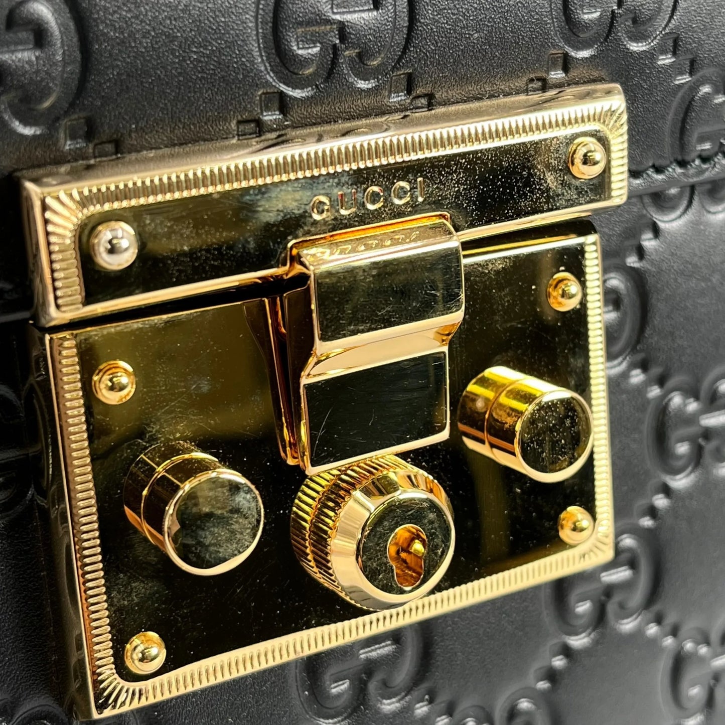 GUCCI Guccissima Padlock Top Handle Leather Hand Bag - Black 