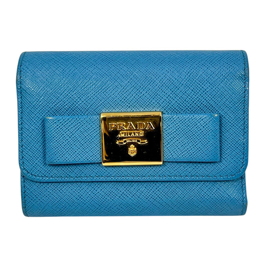 PRADA Saffiano Ribbon Tri-fold Compact Wallet - Blue 
