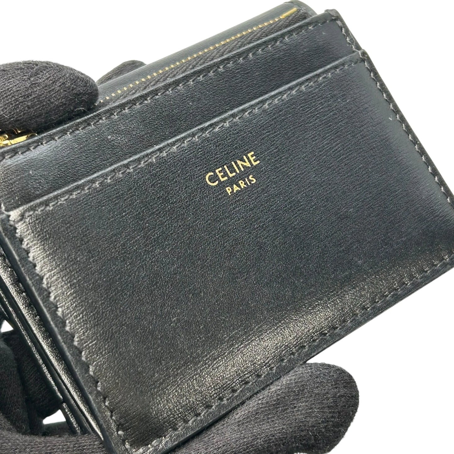 CELINE Vise Coin Triomphe Compact Wallet in Shiny Calfskin - Black 