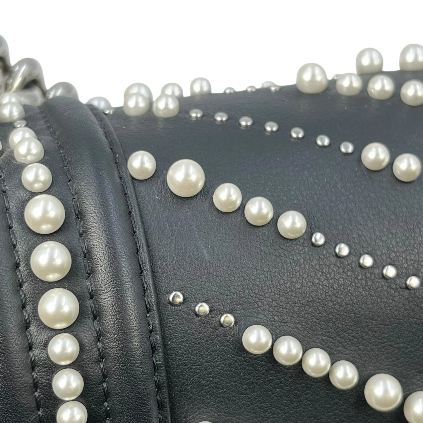 CHANEL Boy Chanel Pearl and Calfskin Chain Shoulder Bag - Black 