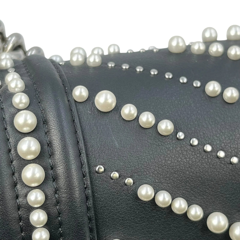 CHANEL Boy Chanel Pearl and Calfskin Chain Shoulder Bag - Black 