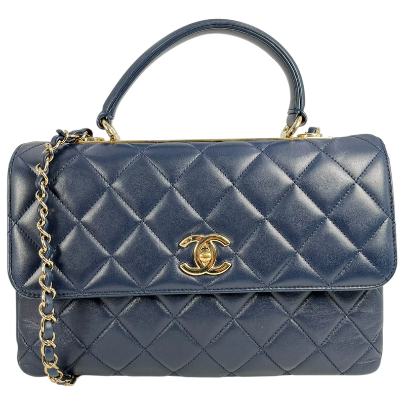 CHANEL Calfskin Matelassé Top Handle Trendy CC Handbag with Chain Shoulder Bag - Navy 