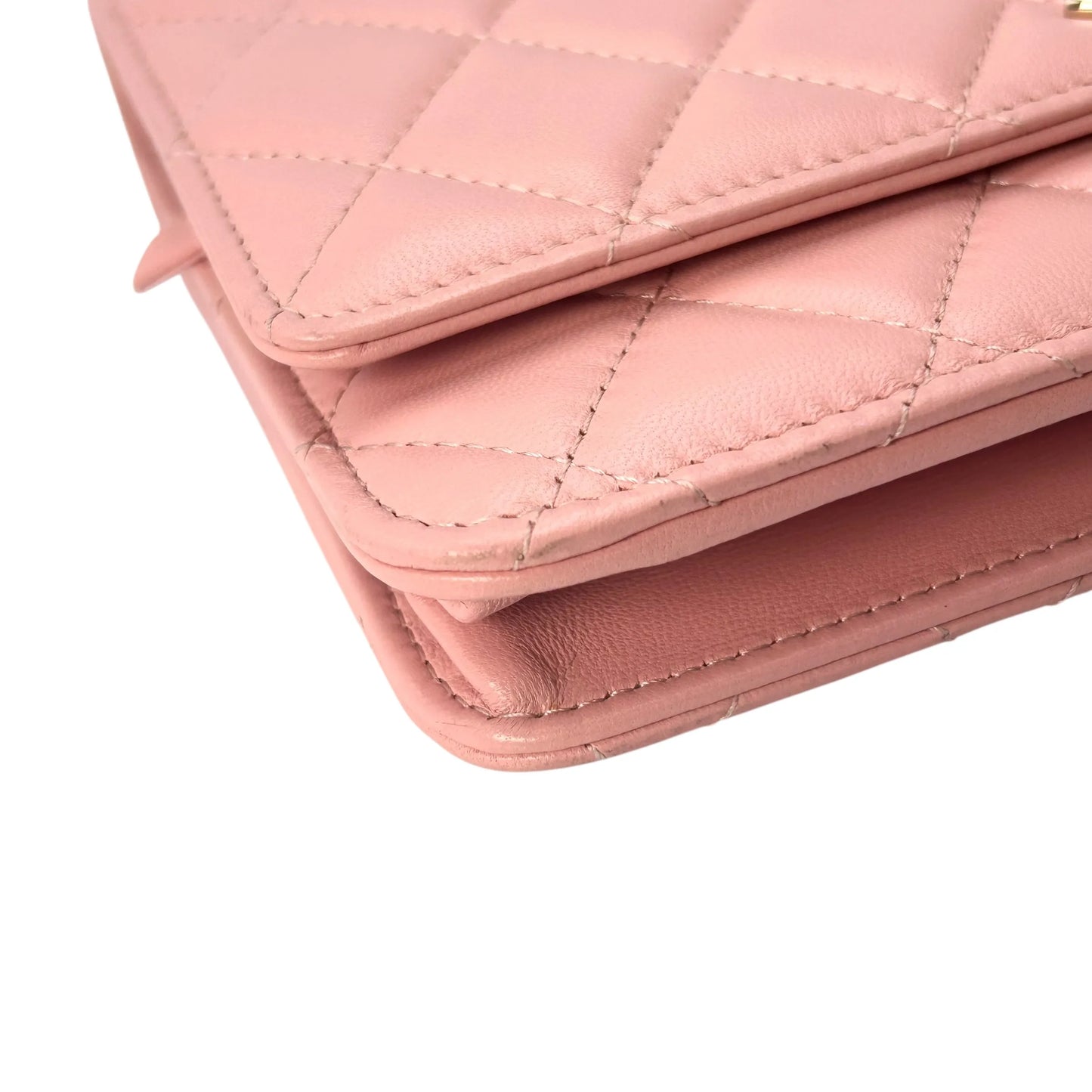 CHANEL Lambskin Chain Wallet - Baby Pink 