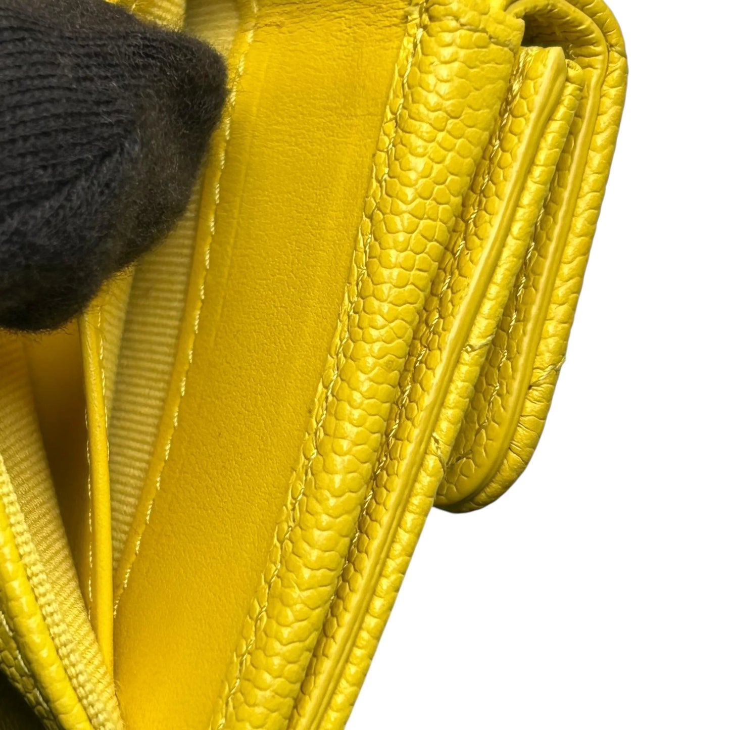 CHANEL Caviar Leather Matelasse Tri-Fold Compact Wallet - Yellow 