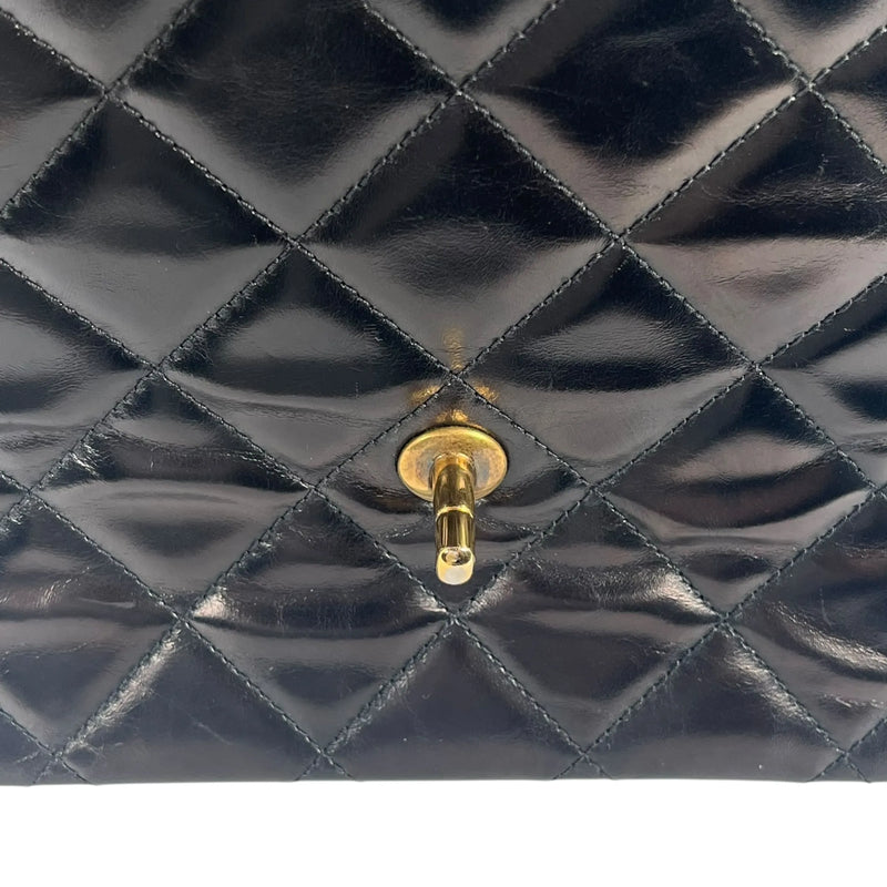 CHANEL Matelasse Top Handle Handbag with Chain Shoulder Bag - Black 