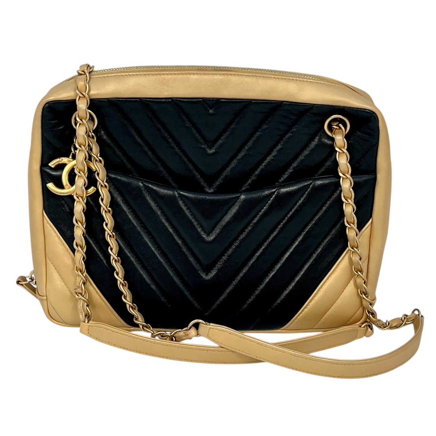 CHANEL シェブロン V-ステッチ CCマーク ハンドバッグ - ブラック × ゴールド