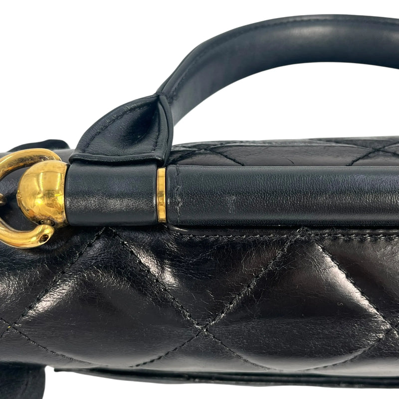CHANEL Matelasse Top Handle Handbag with Chain Shoulder Bag - Black 