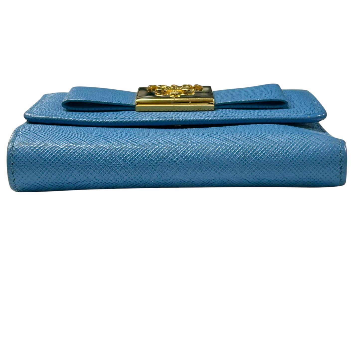 PRADA Saffiano Ribbon Tri-fold Compact Wallet - Blue 