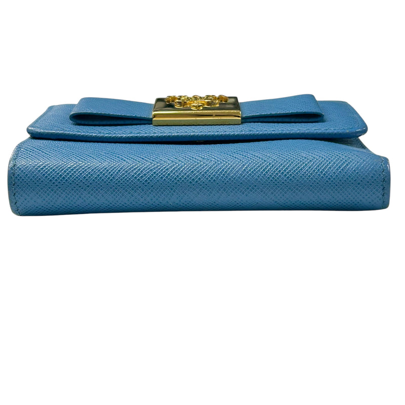 PRADA Saffiano Ribbon Tri-fold Compact Wallet - Blue 