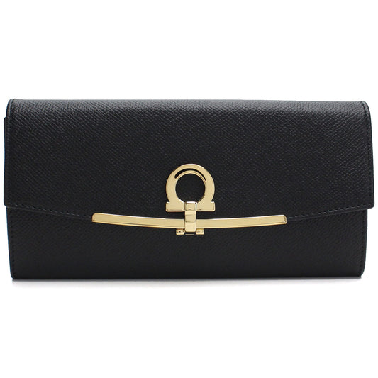 FERRAGAMO Gancini Leather Long Wallet - Black 