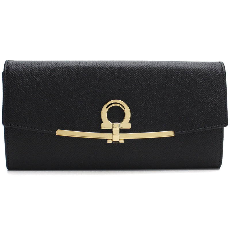 FERRAGAMO Gancini Leather Long Wallet - Black 