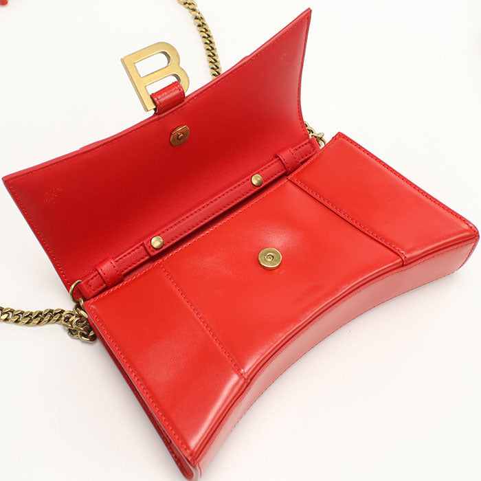 BALENCIAGA Hourglass Leather Chain Shoulder Bag - Red