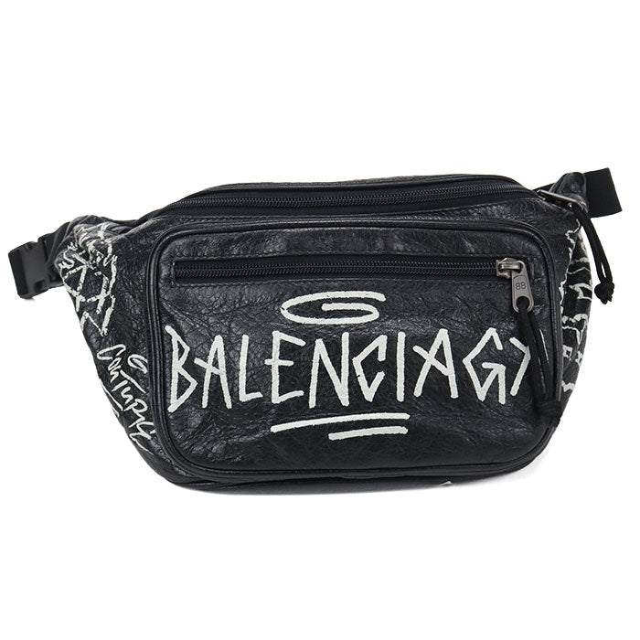 BALENCIAGA Explorer Graffiti Leather Belt Bag - Black