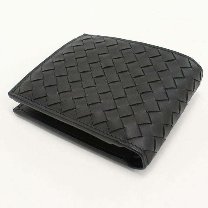 BOTTEGA VENETA イントレチャート カーフスキン 二つ折り財布 コンパクトウォレット - ブラック