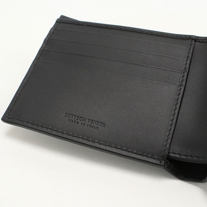 BOTTEGA VENETA イントレチャート カーフスキン 二つ折り財布 コンパクトウォレット - ブラック