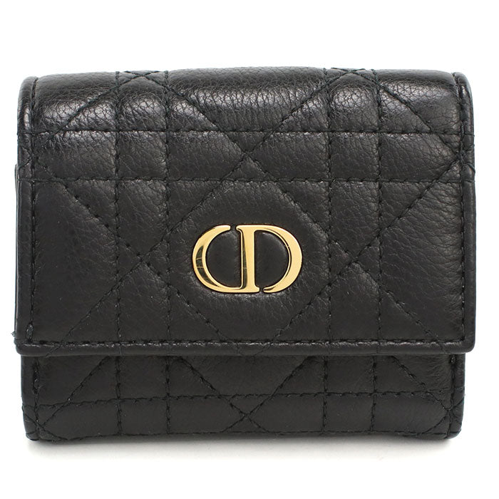 Dior Caro Hibiscus Calfskin Tri-fold Compact Wallet - Black