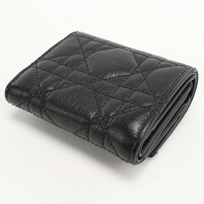 Dior Caro Hibiscus Calfskin Tri-fold Compact Wallet - Black