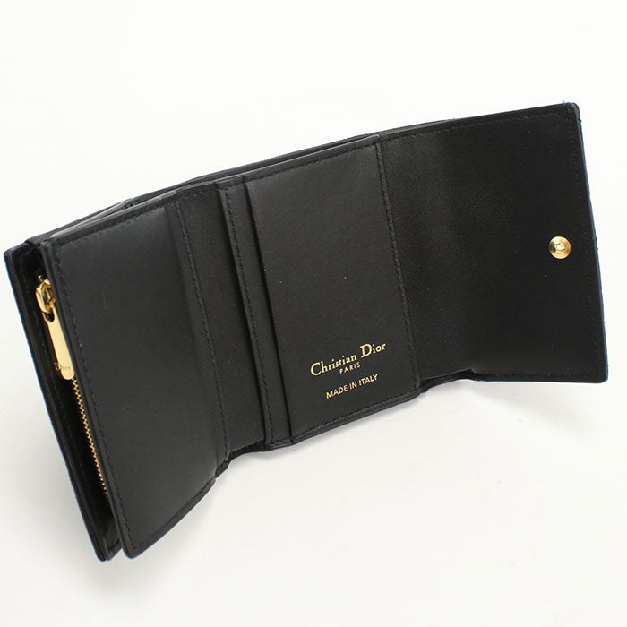 Dior Caro Hibiscus Calfskin Tri-fold Compact Wallet - Black