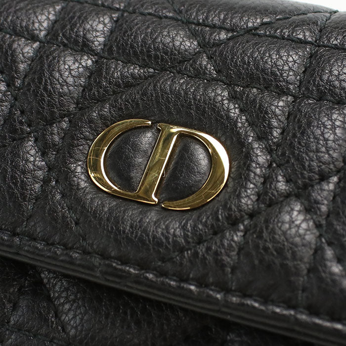 Dior Caro Hibiscus Calfskin Tri-fold Compact Wallet - Black