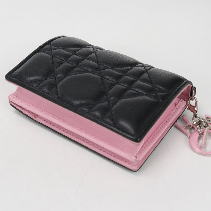 Dior レディディオール ブルーム カードホルダー ラムスキン 二つ折り財布 コンパクトウォレット - ブラック × ピンク