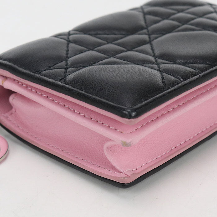 Dior レディディオール ブルーム カードホルダー ラムスキン 二つ折り財布 コンパクトウォレット - ブラック × ピンク