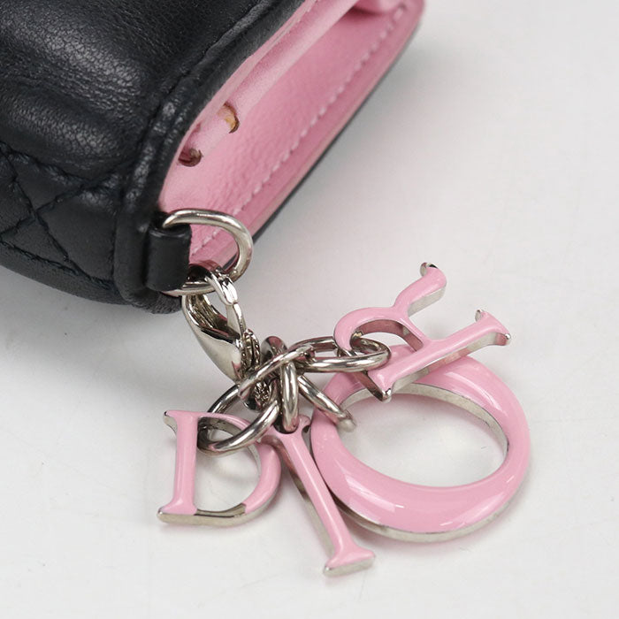 Dior レディディオール ブルーム カードホルダー ラムスキン 二つ折り財布 コンパクトウォレット - ブラック × ピンク
