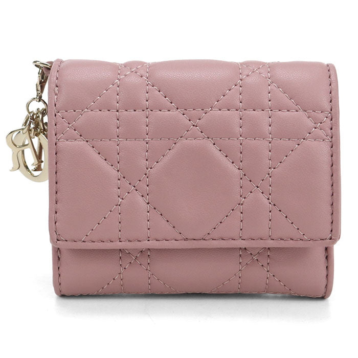 Dior Lady Dior Lotus Wallet Lambskin Tri-fold Compact Wallet - Pink