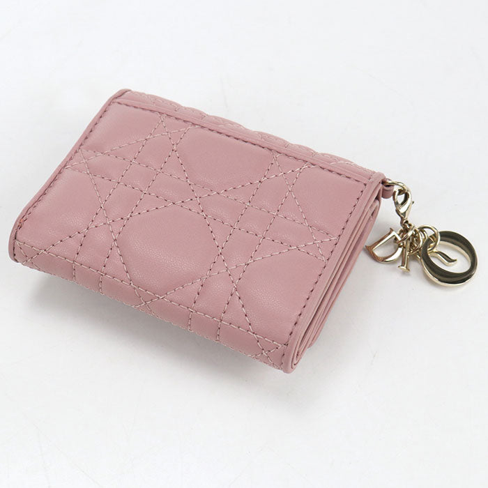 Dior Lady Dior Lotus Wallet Lambskin Tri-fold Compact Wallet - Pink