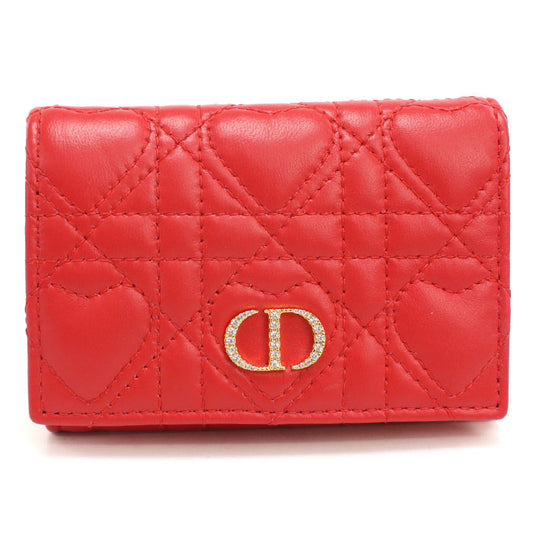 Dior ディオール カロ グリシン ハート カナージュ ラムスキン 二つ折り財布 コンパクトウォレット - レッド