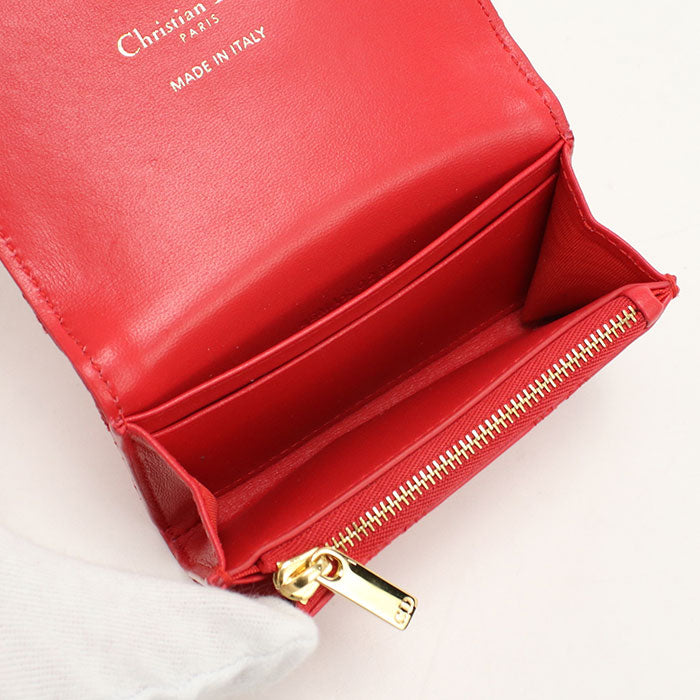 Dior ディオール カロ グリシン ハート カナージュ ラムスキン 二つ折り財布 コンパクトウォレット - レッド
