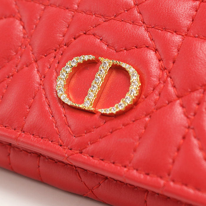 Dior ディオール カロ グリシン ハート カナージュ ラムスキン 二つ折り財布 コンパクトウォレット - レッド