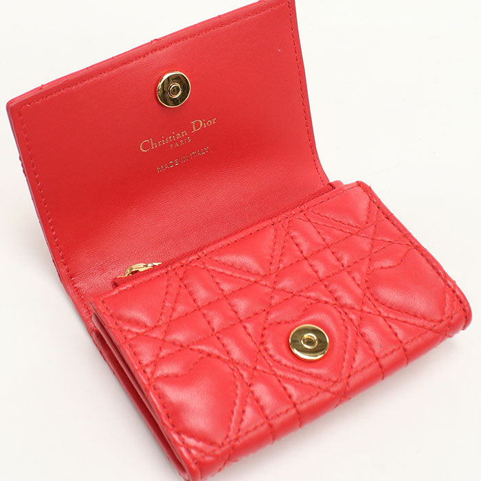 Dior ディオール カロ グリシン ハート カナージュ ラムスキン 二つ折り財布 コンパクトウォレット - レッド