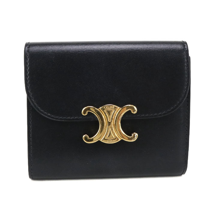 CELINE Triomphe Calfskin Tri-fold Compact Wallet - Black