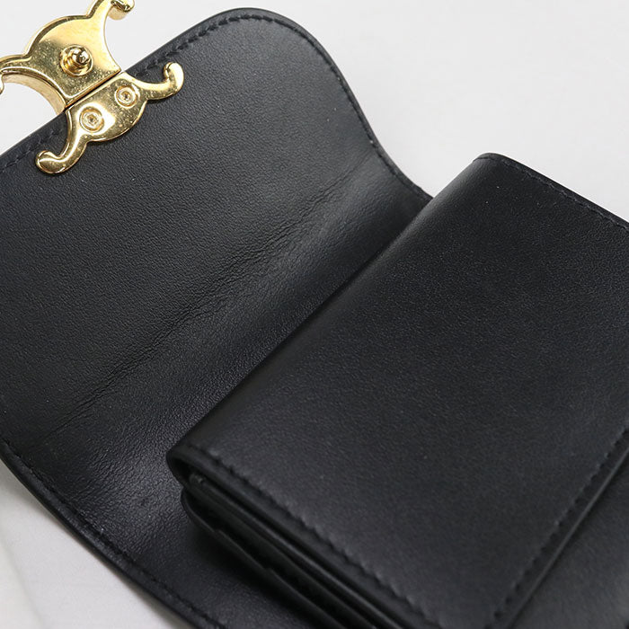 CELINE Triomphe Calfskin Tri-fold Compact Wallet - Black