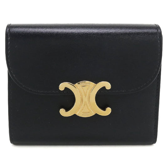 CELINE Triomphe Calfskin Tri-fold Compact Wallet - Black