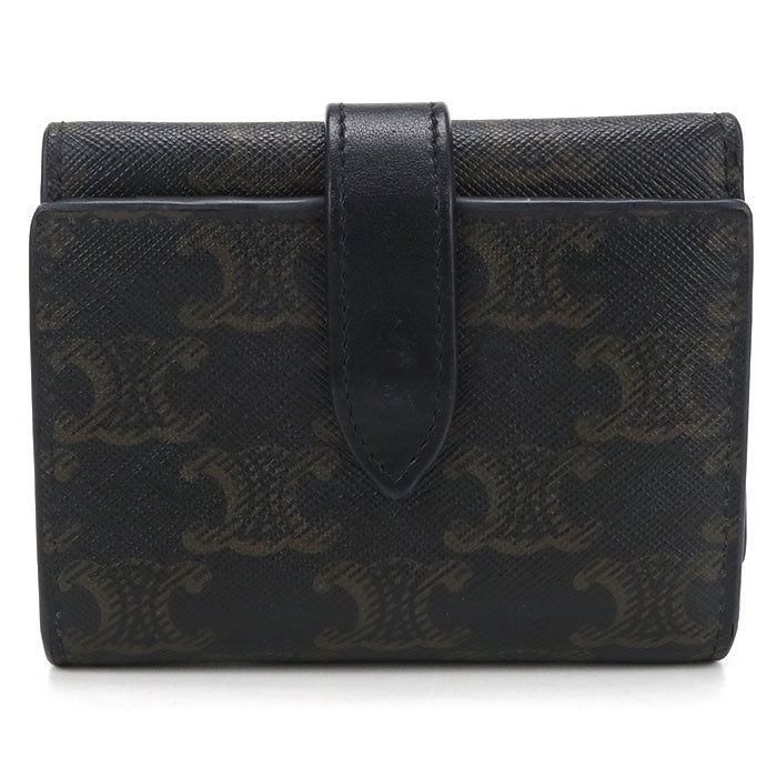 CELINE トリオンフキャンバス レザー 三つ折り財布 コンパクトウォレット - ブラック