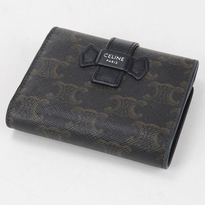 CELINE トリオンフキャンバス レザー 三つ折り財布 コンパクトウォレット - ブラック